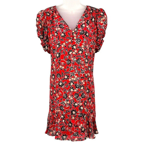 Parker Womens Dress M 100% Silk‎ Floral Ruched Short Sleeves Ruffle Hem Short - Picture 2 of 13